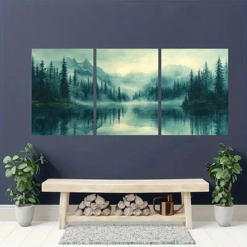 3pcs Misty Forest Reflection Landscape Metal Print Ready to Hang Art
