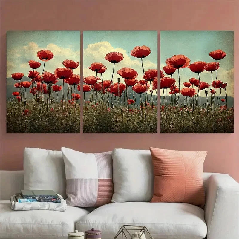 3pcs Poppy Meadow Field In Spring Design Metal Print Ready to Hang Art