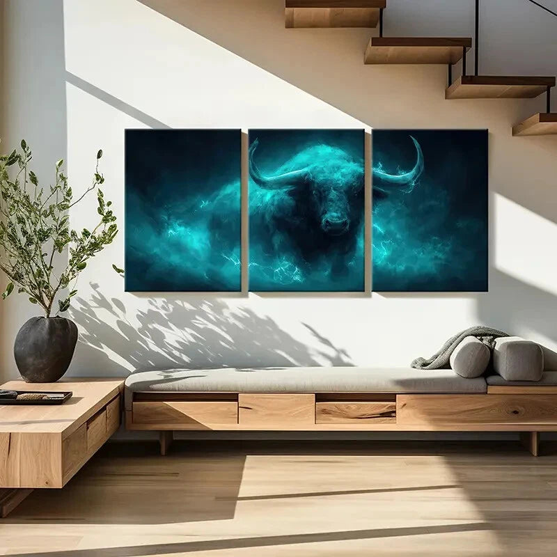 3pcs Artistic Buffalo Illustration Abstract Metal Print Ready to Hang Art