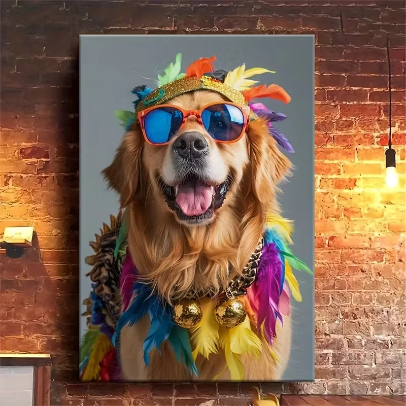 Colorful Golden Retriever Dog in Glasses 60x90cm Metal Print Ready to Hang