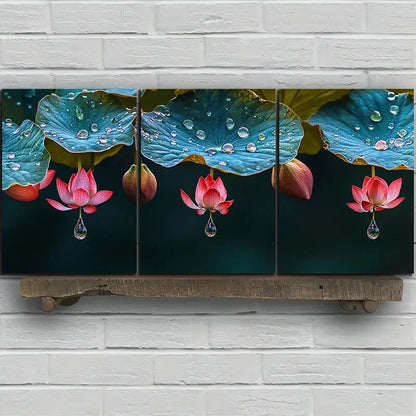 3pcs Leaves Adorned with Dewdrops Metal Print Ready to Hang Art