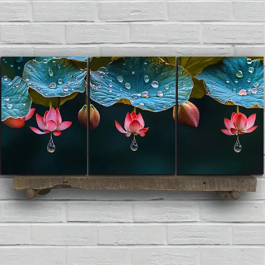 3pcs Leaves Adorned with Dewdrops Metal Print Ready to Hang Art