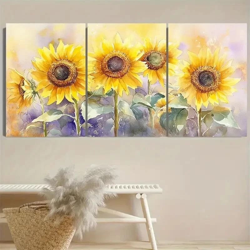 3pcs Vibrant Yellow Wildflowers with Green Leaves Metal Print Ready to Hang Art