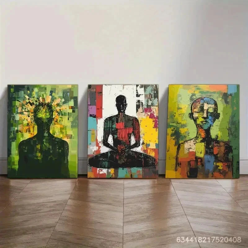 3pcs Vibrant Abstract Meditation Figures Metal Print Ready to Hang Art
