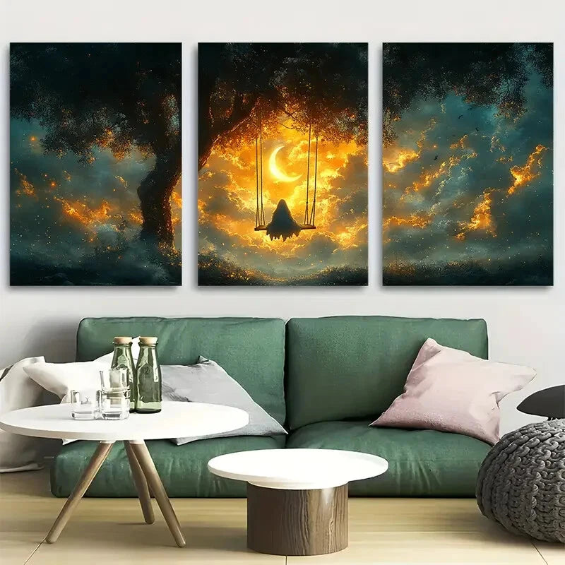 3pcs Surreal Dreamy on Swing with Crescent Moon Metal Print Ready to Hang Art