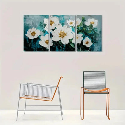 3pcs White Flowers on Teal Background Metal Print Ready to Hang Art