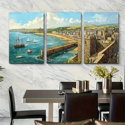 3pcs Scenic British Isles Sailboats Fortification Metal Print Ready to Hang Art