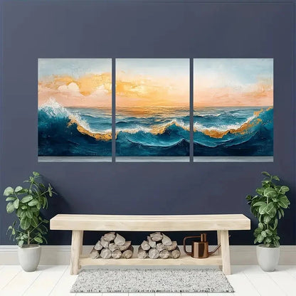 3pcs Minimalist Modern Abstract Ocean Waves Metal Print Ready to Hang Art
