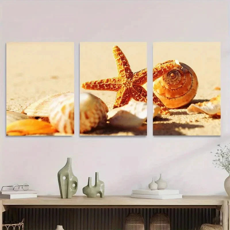 3pcs Beach Seashells & Starfish Triptych Coastal Metal Print Ready to Hang Art