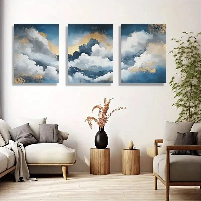3pcs Blue & White Abstract Nature with Golden Metal Print Ready to Hang Art