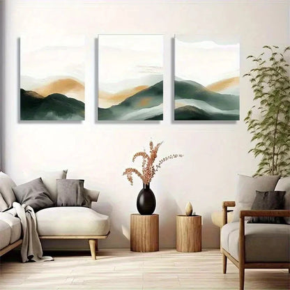 3pcs Green and Golden Serene Abstract Mountain Metal Print Ready to Hang Art