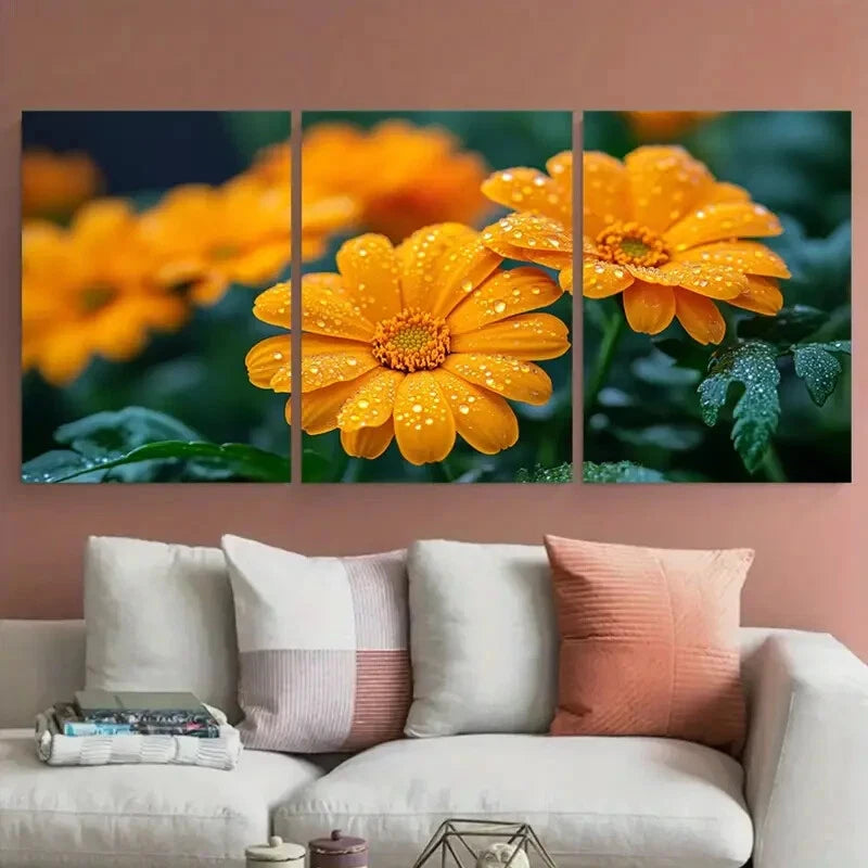 3pcs Vibrant Calendula Marigold with Raindrops Metal Print Ready to Hang Art