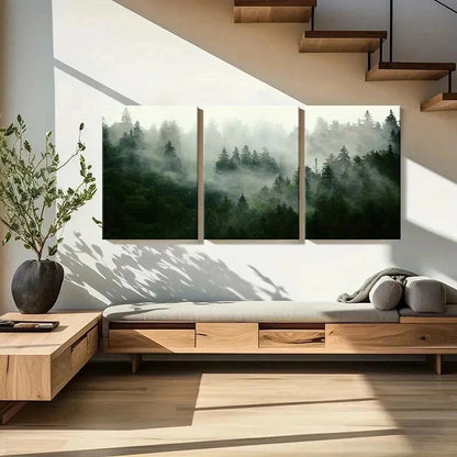 3pcs Forest Fog and Tall Trees Landscape Wall Art Set Canvas Framed 40x60cm - High Quality Print 100% Australian Made Wall Canvas Ready to Hang