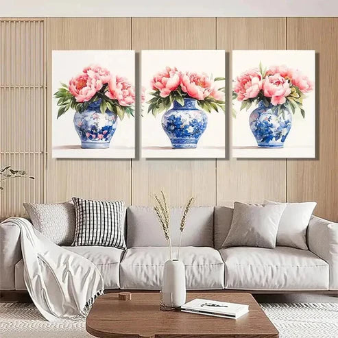 3pcs Blue and White Porcelain Vase Perfect Wall Art Set Canvas Unframed - High Quality Print 100% Australian Made Wall Canvas