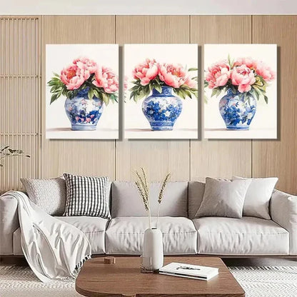 3pcs Blue and White Porcelain Vase Perfect Wall Art Set Canvas Unframed - High Quality Print 100% Australian Made Wall Canvas