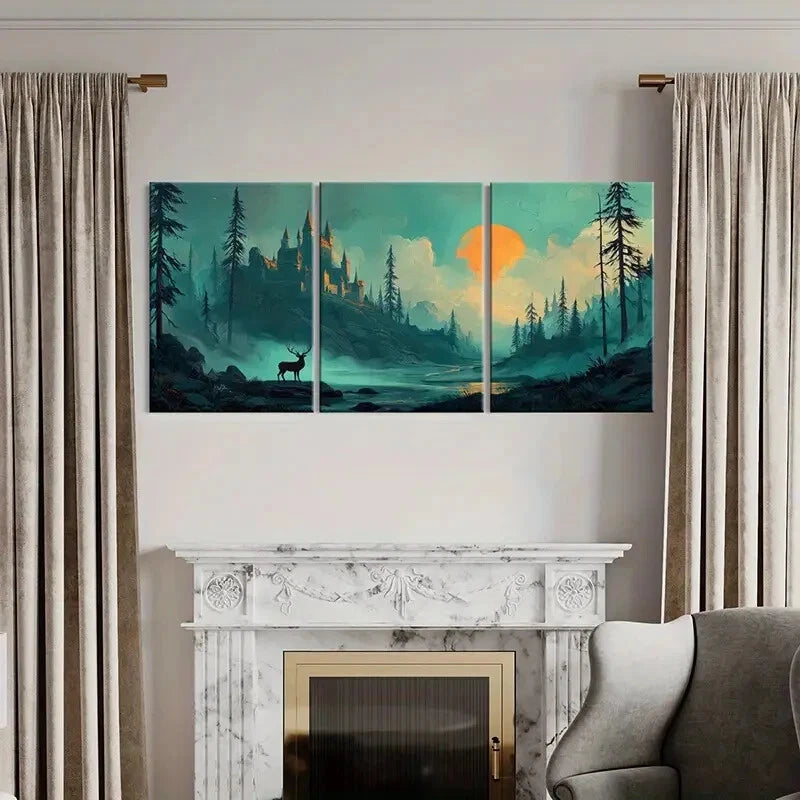 3pcs Mystical Castle Landscape Deer Silhouette Metal Print Ready to Hang Art