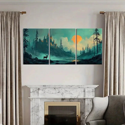 3pcs Mystical Castle Landscape Deer Silhouette Metal Print Ready to Hang Art