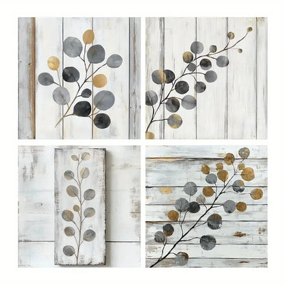 4pcs Gray And Golden Paintings, Leaf Wall Art Canvas Framed