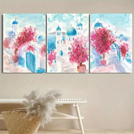 3pcs Santorini Greece Mediterranean Landscape Metal Print Ready to Hang Art