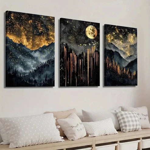 3pcs Abstract Starry Black and Golden Sky Wall Art Set Canvas Unframed - High Quality Print 100% Australian Made Wall Canvas