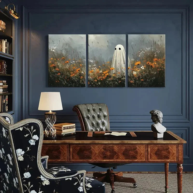 3pcs Artistic Ghost Figure Floral Field Mysterious Metal Print Ready to Hang Art