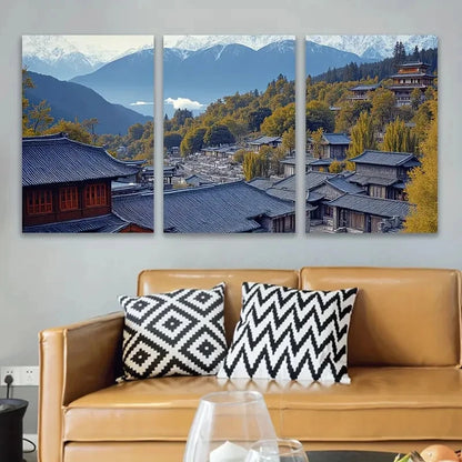 3pcs Snow-Capped Mountain Village View Wall Art Set Canvas Framed 60x90cm - High Quality Print 100% Australian Made Wall Canvas Ready to Hang