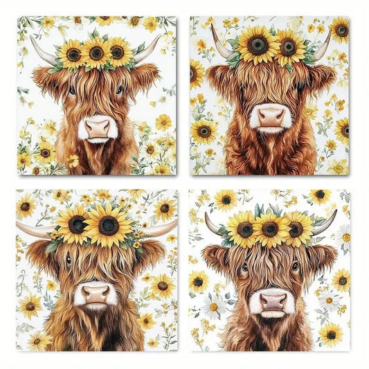 4pcs Highland cow sunflower  Wall Art Canvas Framed