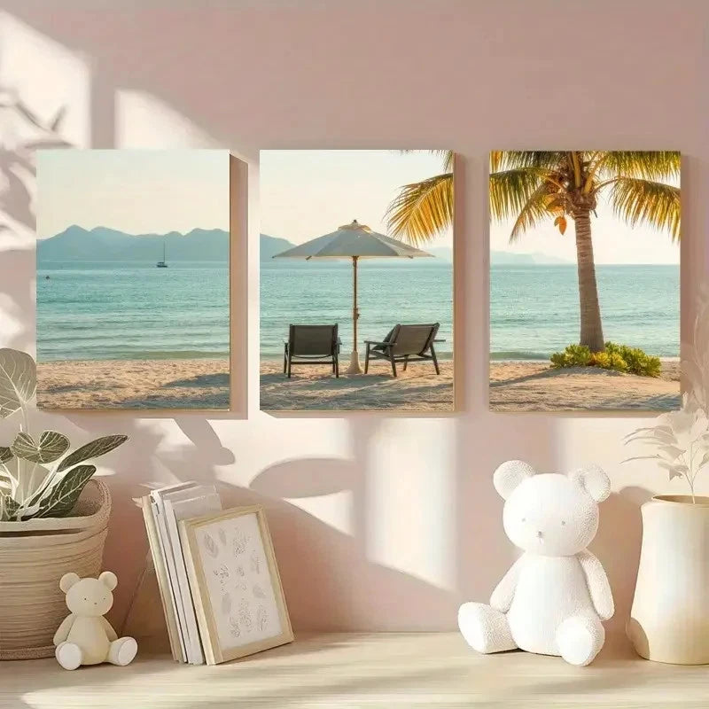 3pcs Palm Tree Beach Chairs Sun Umbrella Metal Print Ready to Hang Art