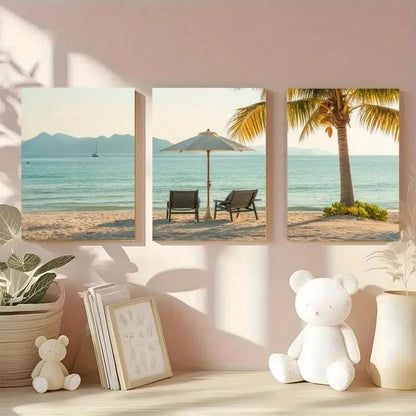 3pcs Palm Tree Beach Chairs Sun Umbrella Metal Print Ready to Hang Art