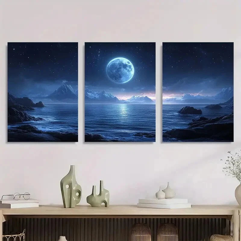3pcs Black Serene Moonlit Night Metal Print Ready to Hang Art