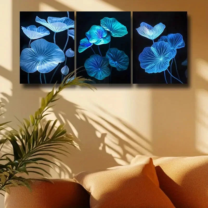 3pcs Blue Glowing Lotus leaves Metal Print Ready to Hang Art