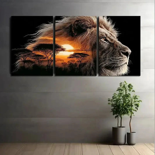 3pcs African Lion Savannah Sunset Wall Art Metal Print Ready to Hang Art