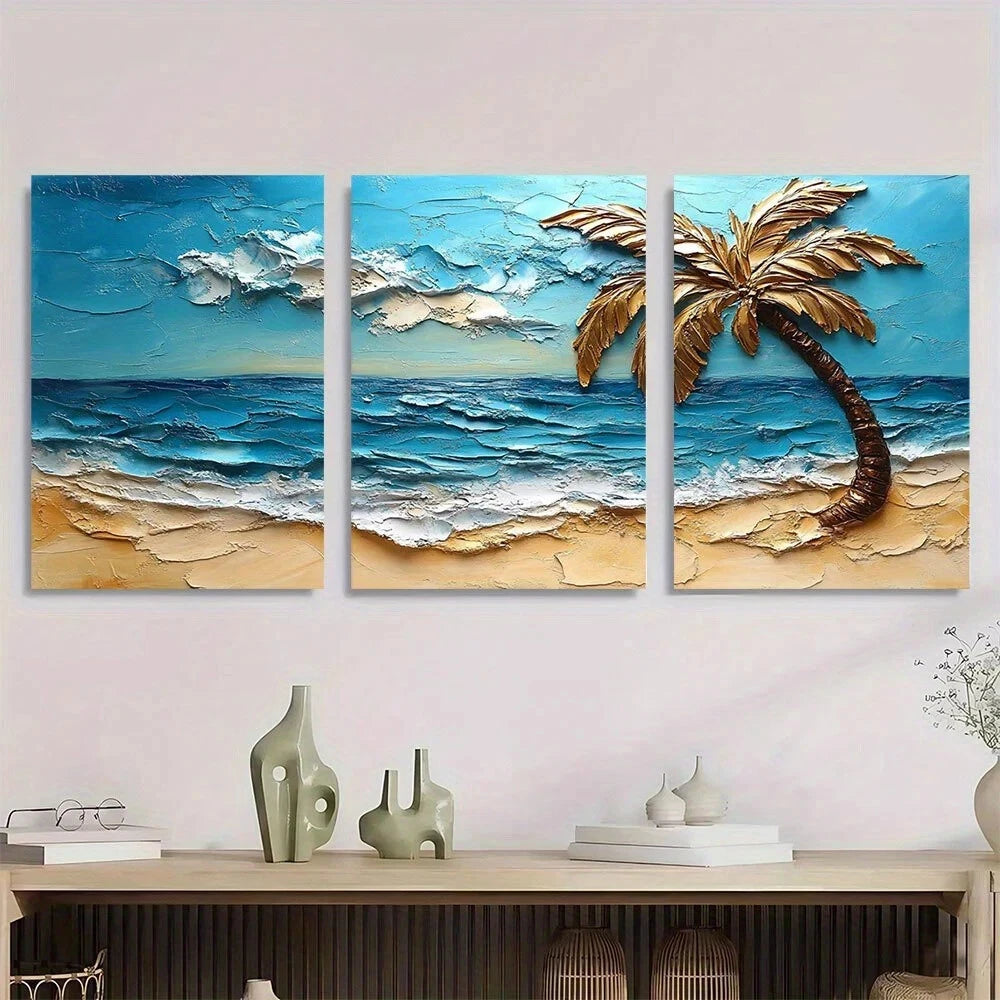 3pcs Palm Tree Beach Modern Coastal Relief Metal Print Ready to Hang Art
