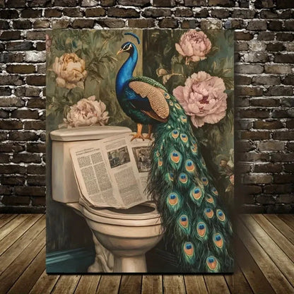 Contemporary Peacock & Peonies Painting 40x60cm Metal Print Ready to Hang