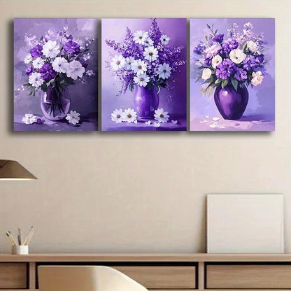 3pcs Purple Flower Vase White Florals Metal Print Ready to Hang Art