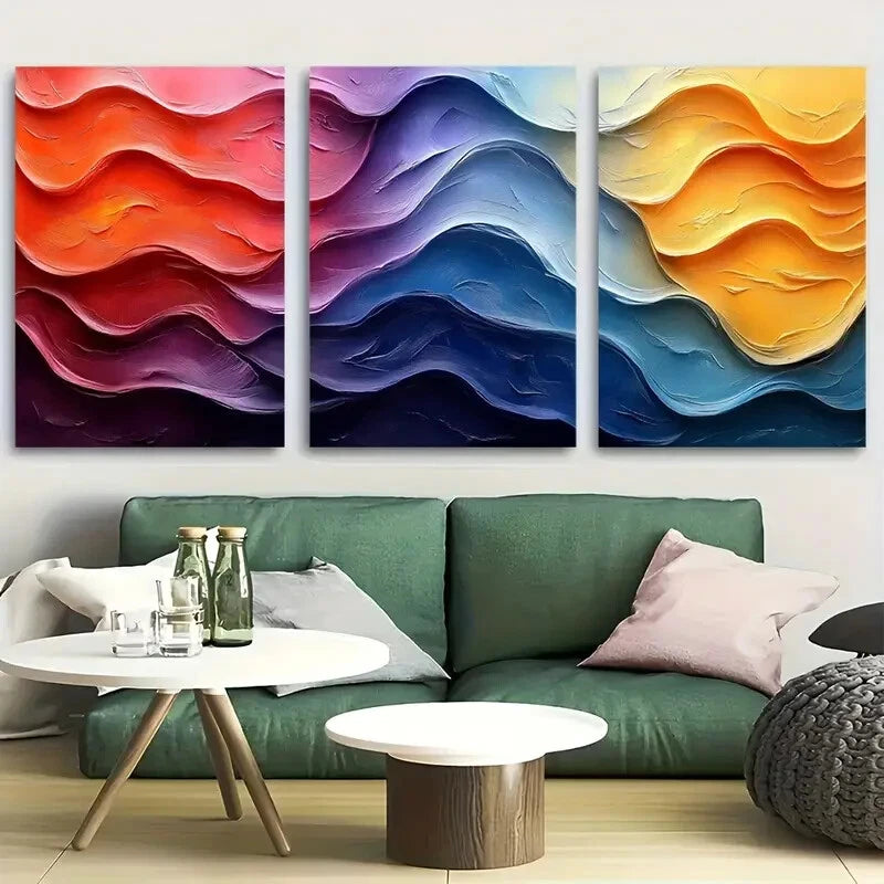 3pcs Vibrant Rainbow Waves Design Metal Print Ready to Hang Art