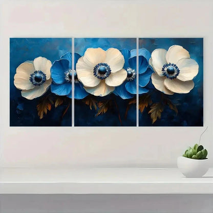 3pcs Elegant Blue & White Anemone Oil Painting Metal Print Ready to Hang Art