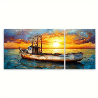 3pcs Vintage Fishing Boat Seaside Coastal Design Wall Art Set Canvas Framed 60x90cm - High Quality Print 100% Australian Made Wall Canvas Ready to Hang