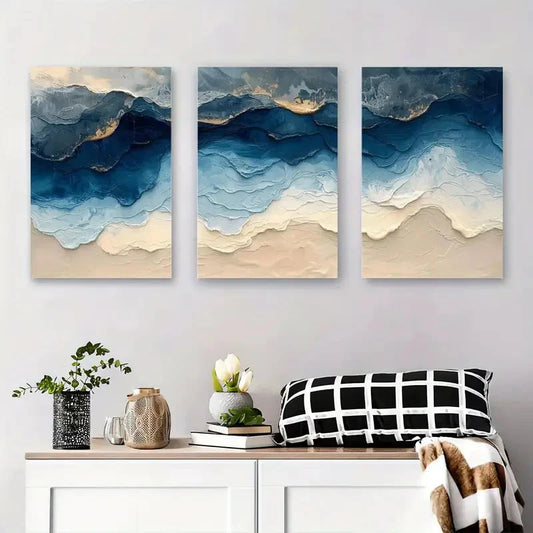 3pcs Textured Coastal Blue and Beige Seaside Metal Print Ready to Hang Art