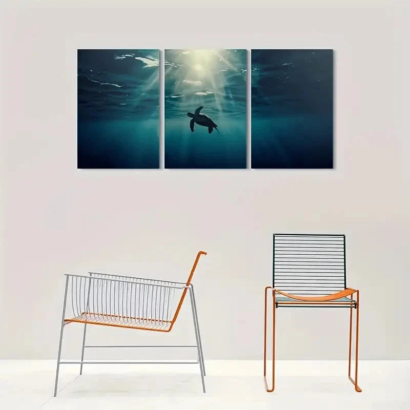 3pcs Underwater Turtle and Sunlight Beams Metal Print Ready to Hang Art
