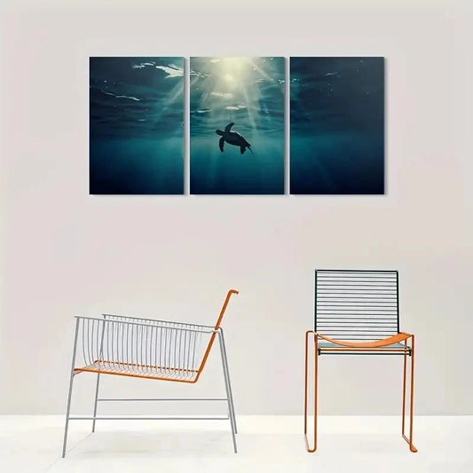 3pcs Underwater Turtle and Sunlight Beams Metal Print Ready to Hang Art