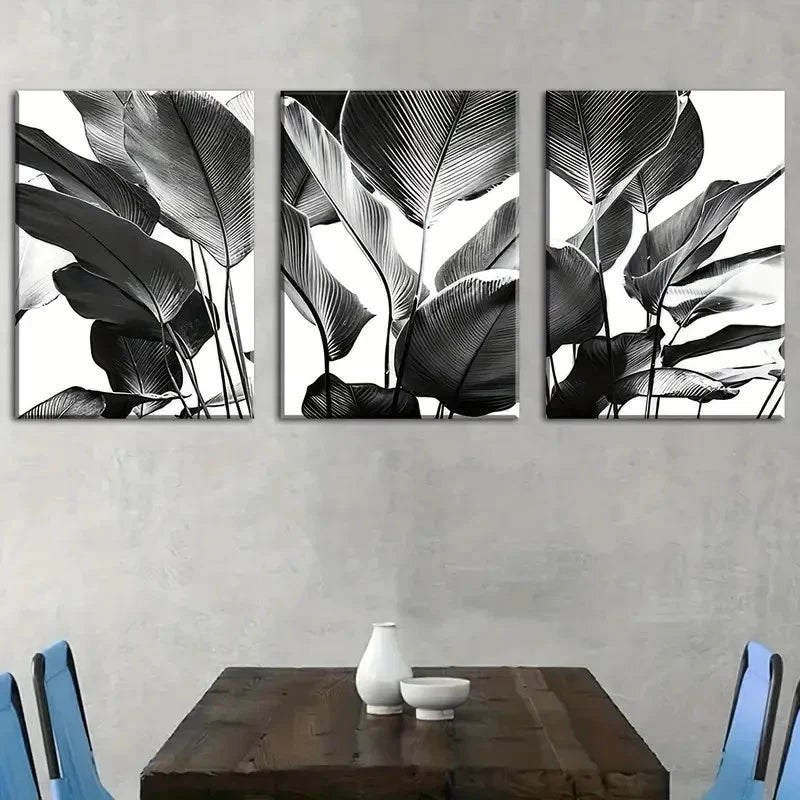 3pcs Black and White Nature Plant Leaf Theme Metal Print Ready to Hang Art