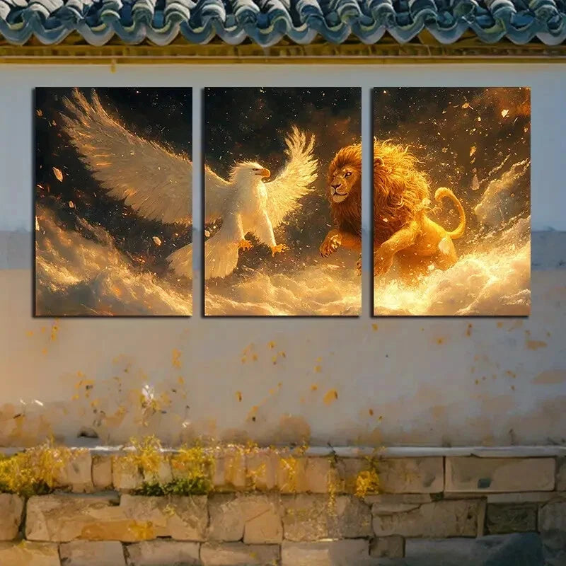 3pcs Mystical Lion and Bird Encounter Illustration Metal Print Ready to Hang Art