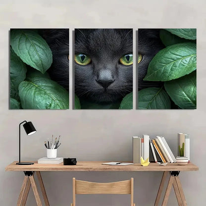 3pcs Charming Black Cat & Green Leaves Wall Art Set Canvas Framed 50x70cm - High Quality Print 100% Australian Made Wall Canvas Ready to Hang