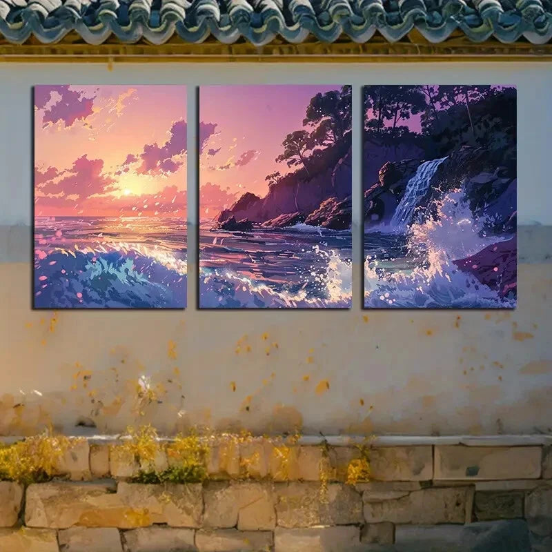3pcs Ocean Sunset Waves, Seascape Illustration Metal Print Ready to Hang Art