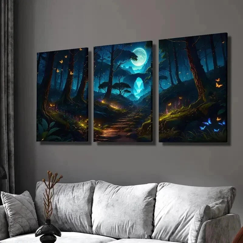3pcs Magic Forest Moon Butterflies & Flowers Wall Art Set Canvas Framed 40x60cm - High Quality Print 100% Australian Made Wall Canvas Ready to Hang