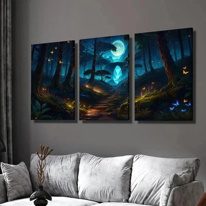3pcs Magic Forest Moon Butterflies & Flowers Wall Art Set Canvas Framed 40x60cm - High Quality Print 100% Australian Made Wall Canvas Ready to Hang