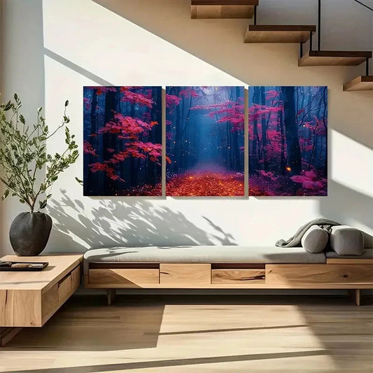 3pcs Pink and Blue Forest Dark Mystical Path Metal Print Ready to Hang Art