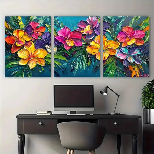 3pcs Vibrant Tropical Floral ungle Orchid Textured Metal Print Ready to Hang Art