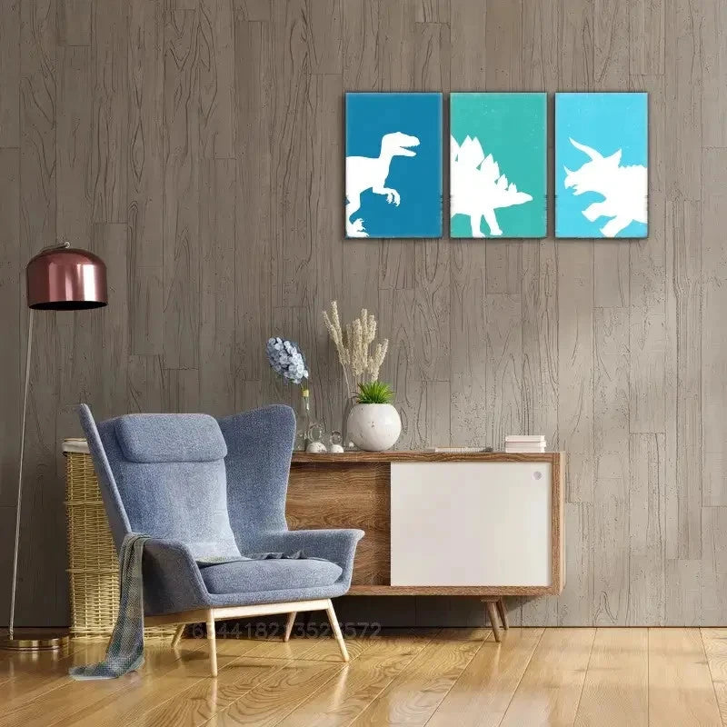 3pcs Velociraptor Triceratops Stegosaurus Metal Print Ready to Hang Art